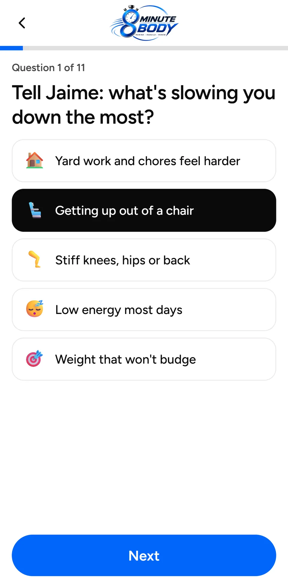 The free Body Age Test on a phone: the first question, big answers to tap, and a Next button